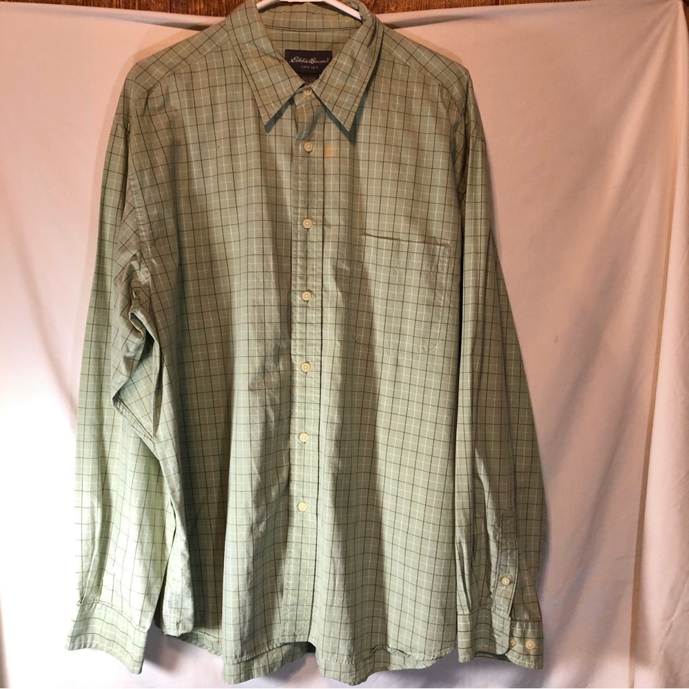 Eddie Bauer  Men’s green with brown/white stripes button-down shirt XL